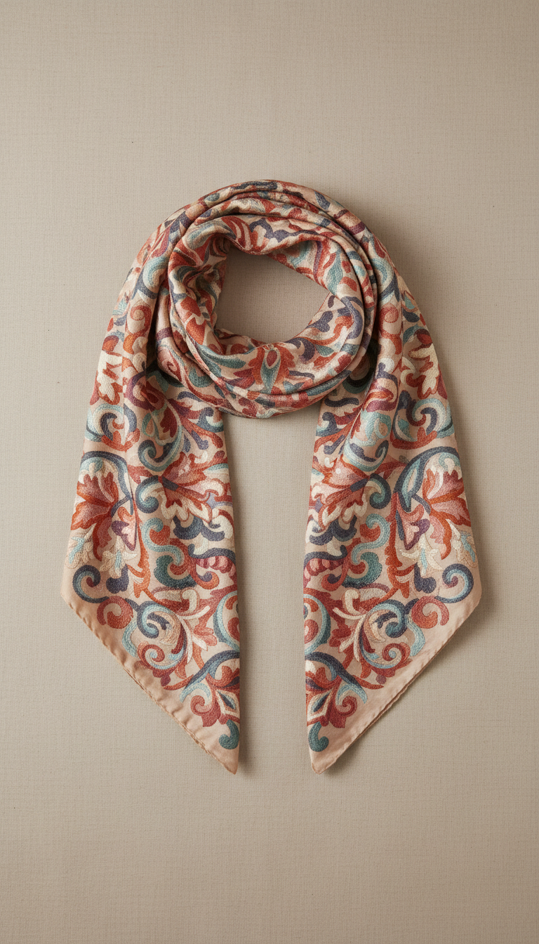 Vintage embroidered silk scarf